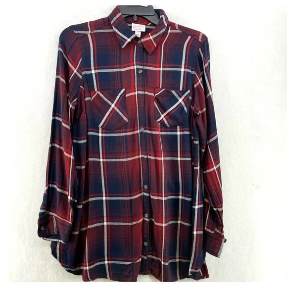 Isabel Maternity Button-Up Shirt Women's Sz S Blue Plaid Patch Pockets - Picture 1 of 11
